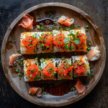 A wooden plate featuring a California roll, topped with a flavorful sauce, placed on a table. This dish combines staple food with fines herbes for a tasty sushi recipe