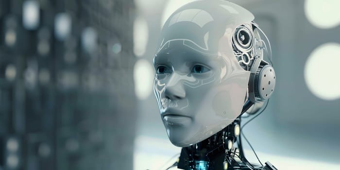 Close-up of a humanoid robot showcasing sophisticated AI and robotics.