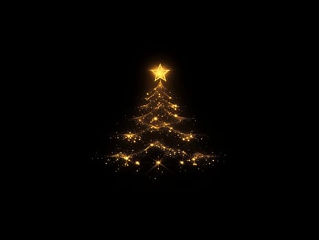 Elegant Christmas tree outline created by sparkling lights with a shining star on top, set against a black background, capturing a festive and minimalist ambiance.