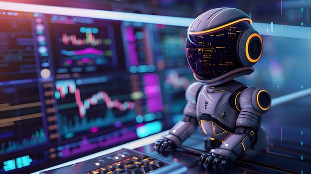 A high-tech robot studies real-time data on a computer screen in a digital environment.