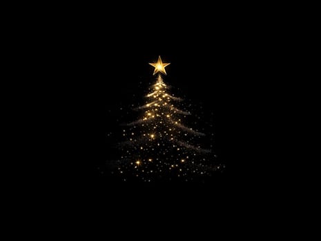 Elegant Christmas tree outline created by sparkling lights with a shining star on top, set against a black background, capturing a festive and minimalist ambiance.