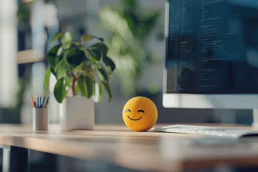 A cheerful smiling emoji sits on a modern desk next to a computer and a small potted plant, creating a vibrant and inspiring workspace atmosphere.