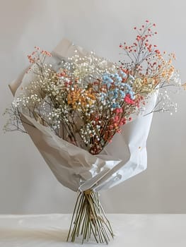 Beautiful bouquet of colorful dried flowers wrapped in white paper, minimal background