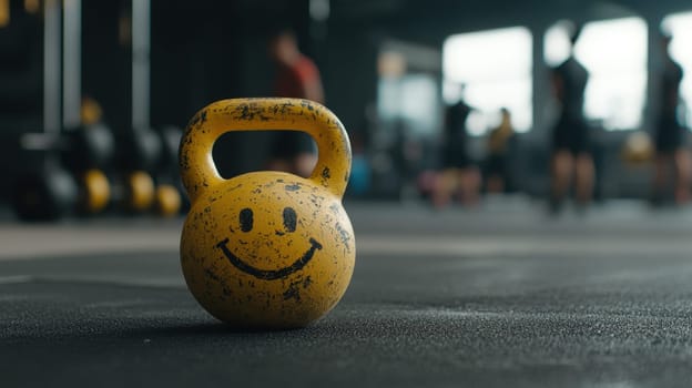 Closeup of a cheerful yellow kettlebell in a gym setting, symbolizing fitness and motivation. Emphasizes a vibrant workout environment with energetic athletes.