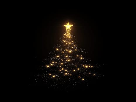 Elegant Christmas tree outline created by sparkling lights with a shining star on top, set against a black background, capturing a festive and minimalist ambiance.