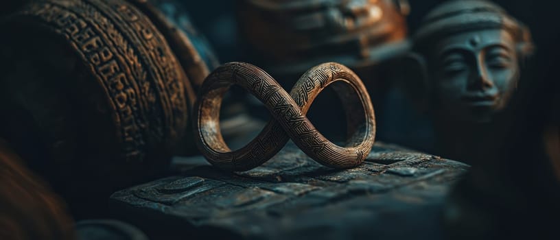 A pair of intricately carved wooden rings overlaps on a textured surface, evoking a sense of infinity and artistic expression in a rustic setting.
