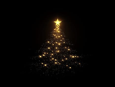 Elegant Christmas tree outline created by sparkling lights with a shining star on top, set against a black background, capturing a festive and minimalist ambiance.