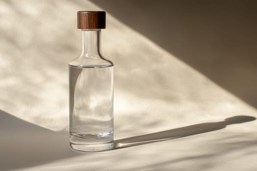 A stunning tall transparent bottle captures natural light and shadow on a soft surface. Its minimalist design and wooden top create an elegant ambiance.