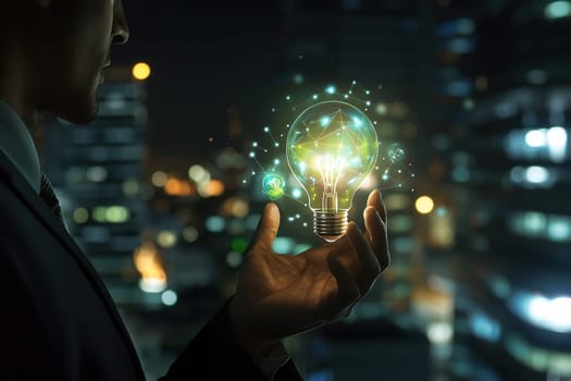 A businessman stands in a futuristic cityscape at night, holding a glowing lightbulb that symbolizes ideas and innovation, embodying modern success and creativity.