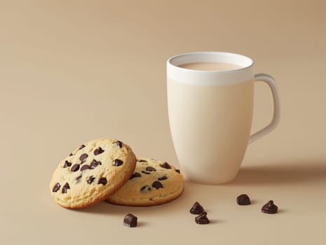 Close-up of two chocolate chip cookies with a mug of coffee on a beige background, creating a cozy and minimalist snack setup