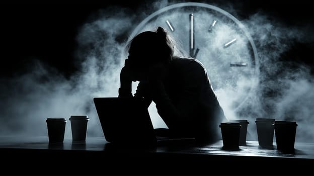 A silhouetted individual sits at a desk in a smoky environment, surrounded by coffee cups, with a large clock in the background, symbolizing stress and time pressure