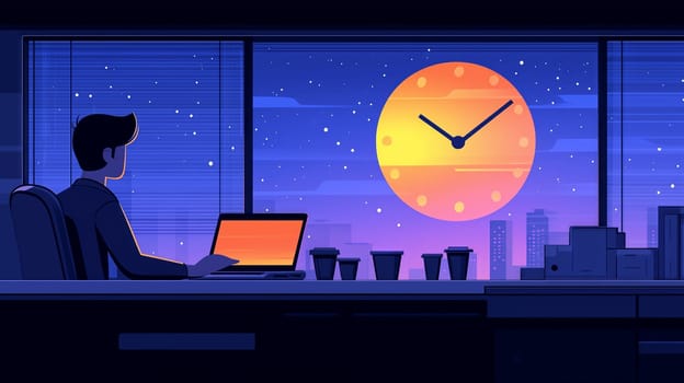 A person sits in a modern office at night, looking at a large illuminated clock in the sky through the window, symbolizing work-life balance and time.