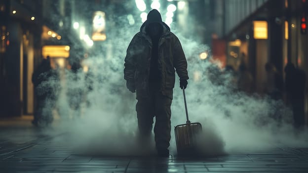 A lone figure pulls a suitcase through a mist-filled city street at night, creating a mysterious and cinematic atmosphere with dramatic lighting.