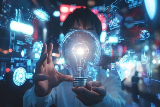 A businessman stands in a vibrant digital city, holding a glowing light bulb. The scene emphasizes innovation and the bright future of technology.