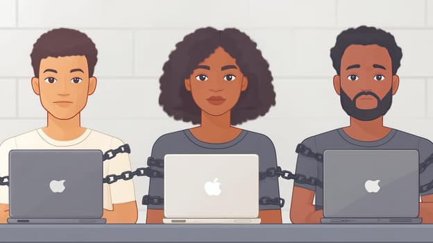 Illustration of three diverse individuals chained to laptops, symbolizing digital dependency, work stress, and lack of freedom in modern workplaces.