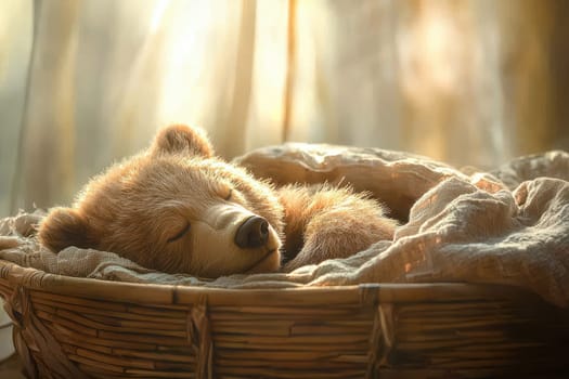 A peaceful bear is sleeping soundly in a cozy basket, surrounded by warm light, showcasing the serene beauty of wildlife in a tranquil setting.