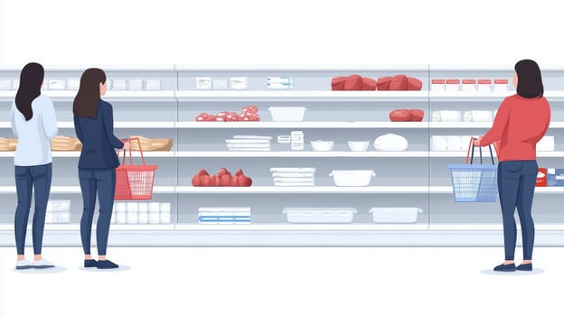 Illustration of three women shopping in a sparse grocery store, highlighting product scarcity and supply challenges. Minimalist style with empty shelves.