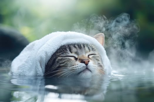 serene cat enjoying hot spring, wrapped in towel, exuding tranquility.