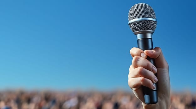 Close-up of a hand holding a microphone, facing a blurred crowd, symbolizing public speaking or performance.