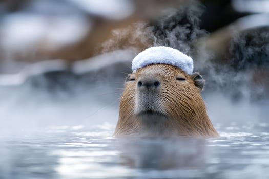 capybara relaxing in warm water with steam and snow on its head.