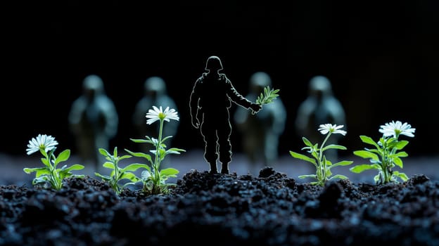 A miniature toy soldier holding a daisy approaches a line of flowers, symbolizing peace and anti-war sentiment in a creative, dark-toned scene.
