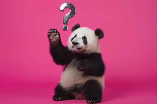Playful panda raising paw with question mark on pink background.