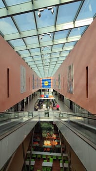October 22 2024 Hradec Kralove, Czech Republic Europe, Kralov region, Kralovehradecky kraj, shopping mall, escalator, commercial building. High quality photo