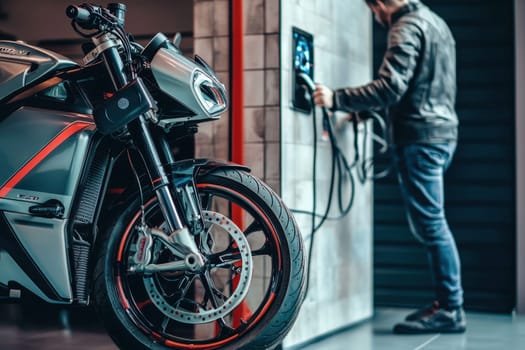 A person charges a modern electric motorcycle in an urban environment, showcasing the blend of technology and lifestyle in contemporary transportation.