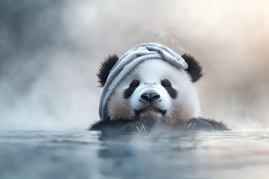 cute panda relaxing in water with towel on its head, exuding calmness.
