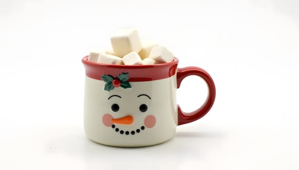A holiday-themed mug filled with marshmallows, fully isolated against a simple background to draw attention to its design. Perfect for cozy winter themes and holiday warmth