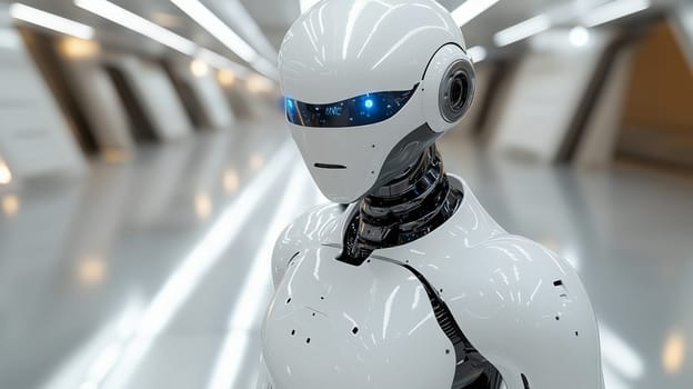 A close-up of a futuristic white robot with blue eyes in a sleek, modern hallway, representing advanced AI technology and robotics in a high-tech environment.