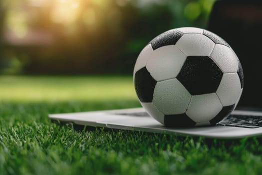 laptop with soccer ball on grass, perfect for sports betting.
