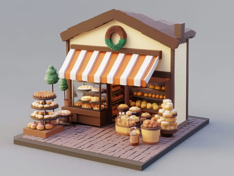 Miniature model of a bakery stall with striped awning displaying an assortment of pastries and desserts on a yellow background. Detailed and decorative setup. No people.