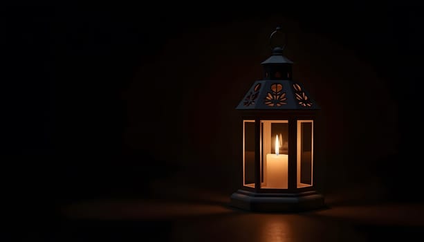 A decorative Christmas lantern with a glowing candle inside, fully isolated against a dark background to highlight its warm light. Perfect for creating a cozy and festive holiday atmosphere