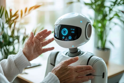 Elderly person interacting with companion robot in bright room.