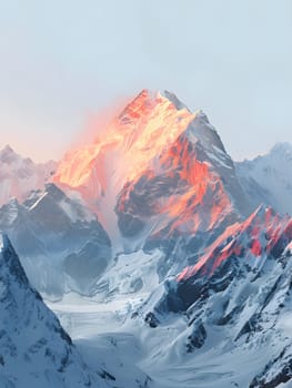 A stunning sunrise illuminates a snowy mountain peak in a picturesque winter scene.