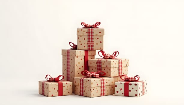 A stack of beautifully wrapped presents in different patterns, isolated on a simple background to emphasize their festive appeal. Ideal for holiday gifting and celebrations
