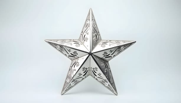 A shiny silver Christmas star, isolated against a plain background, with intricate engraved patterns that capture the light. Ideal for festive decorations and holiday elegance