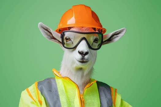 mountain goat in safety attire, wearing hard hat and goggles, dabbing.