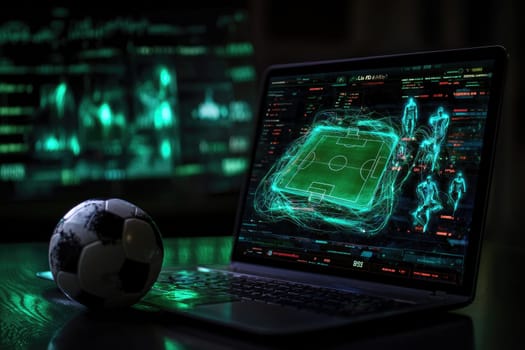 Soccer analytics on laptop screen with glowing graphics and ball.
