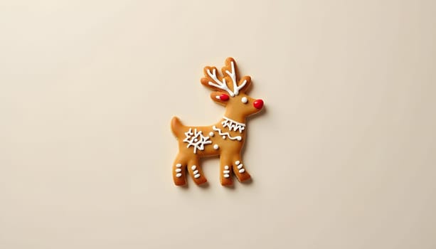 A Christmas cookie shaped like a reindeer, decorated with icing and isolated against a neutral background, emphasizing its charm. Perfect for holiday treats and cozy themes