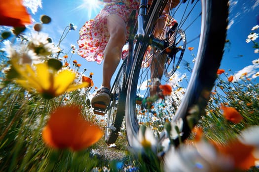 A vibrant bike ride amidst a colorful flower field, capturing the fun and joy of outdoor activities. Sunlight illuminates a cheerful summer scene.