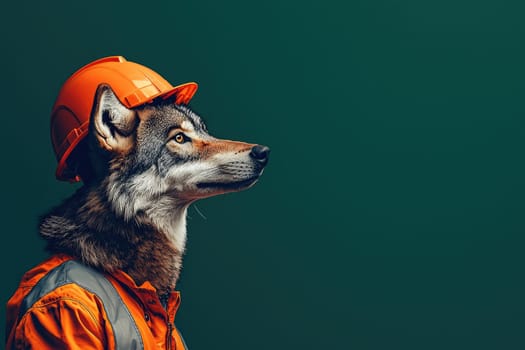 wolf in safety gear, wearing orange helmet, looks confidently.