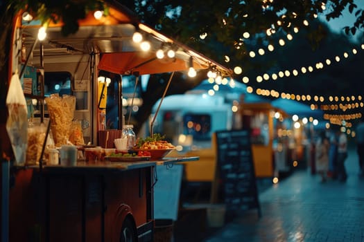 Food truck festival with cozy evening lighting and vibrant atmosphere.
