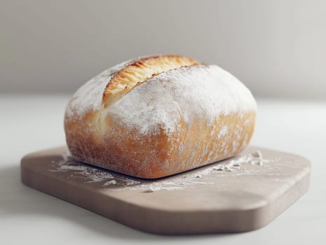 Close-up of a rustic loaf of bread with a light flour dusting, placed on a wooden board, highlighting artisanal baking and natural textures.