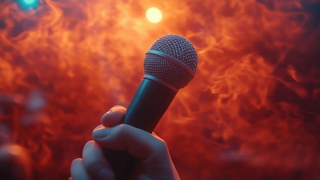 Close-up of a hand gripping a microphone against a smoky, red-lit background, evoking a concert or performance atmosphere.