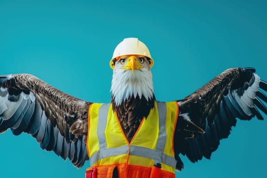 stoic eagle wearing safety vest and helmet, wings spread wide.