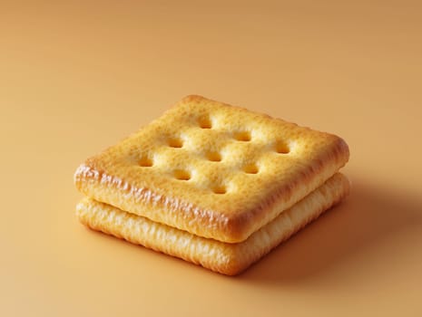 Close-up of two square golden crackers stacked on a beige background, highlighting texture and baked surface. No people, simple snack food concept.