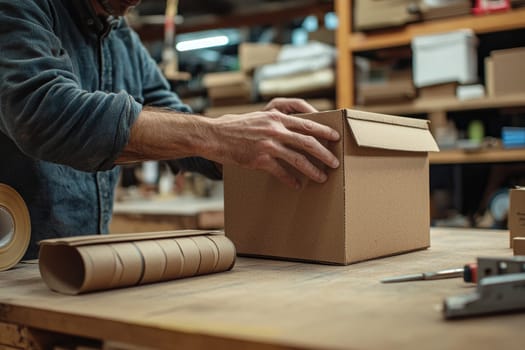 Hands folding cardboard box in workshop, showcasing craftsmanship.