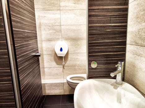The contemporary bathroom showcases a toilet and washbasin along with a hand dryer against elegant wooden and tiled walls.